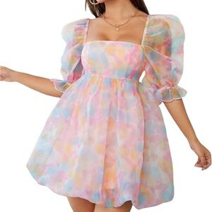 pink, blue, yellow puffy/cloud dress